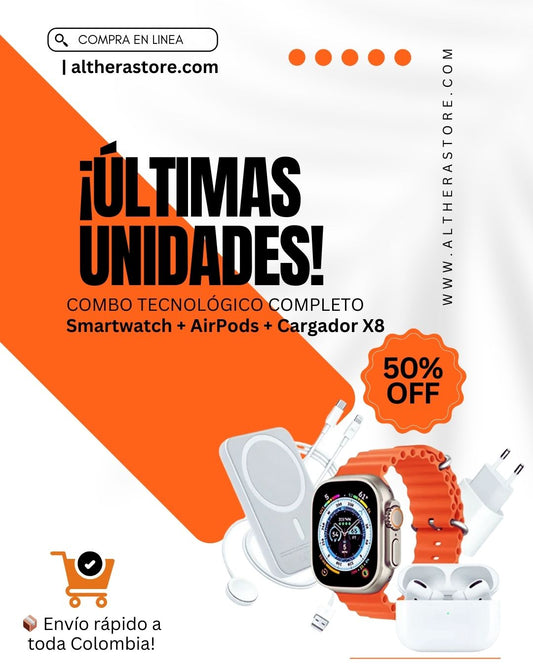 🔥COMBO TECNOLÓGICO COMPLETO: SMARTWATCH + AIRPODS + CARGADOR X8 – ¡OFERTA IMPERDIBLE! 🔥